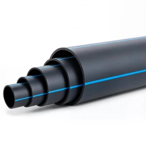 مواسير HDPE ضغط 5 بار PE 80 قطر خارجي 200 مم SDR 26 لون أسود مع خط أزرق