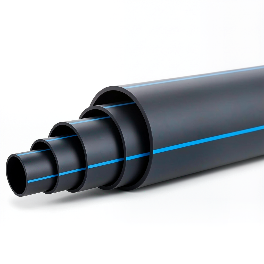 HDPE Plastic Pipe 5 Bar PE 80 OD 200 mm SDR 26 Black with Blue Stripes