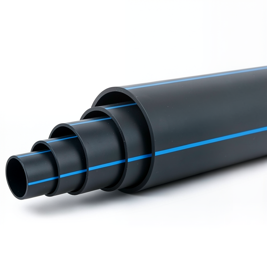 مواسير HDPE ضغط 6 بار PE 100 قطر 200 مم SDR 26 أسود مع خط أزرق
