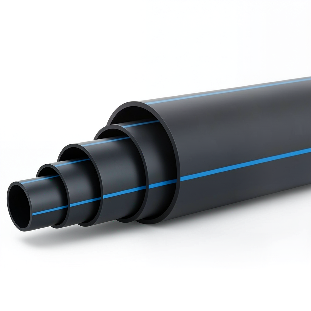 HDPE Polyethylene Pipe Nominal Pressure 5 Bar PE 80 OD 180 mm SDR 26 Black with Blue Stripes