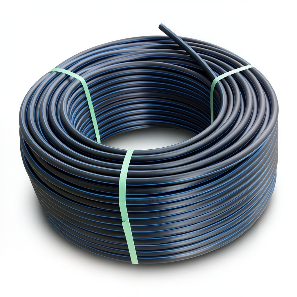 HDPE Plastic Coil Pipe Nominal Pressure 10 Bar PE 80, 25 mm SDR 13.6 Black with Blue Stripes