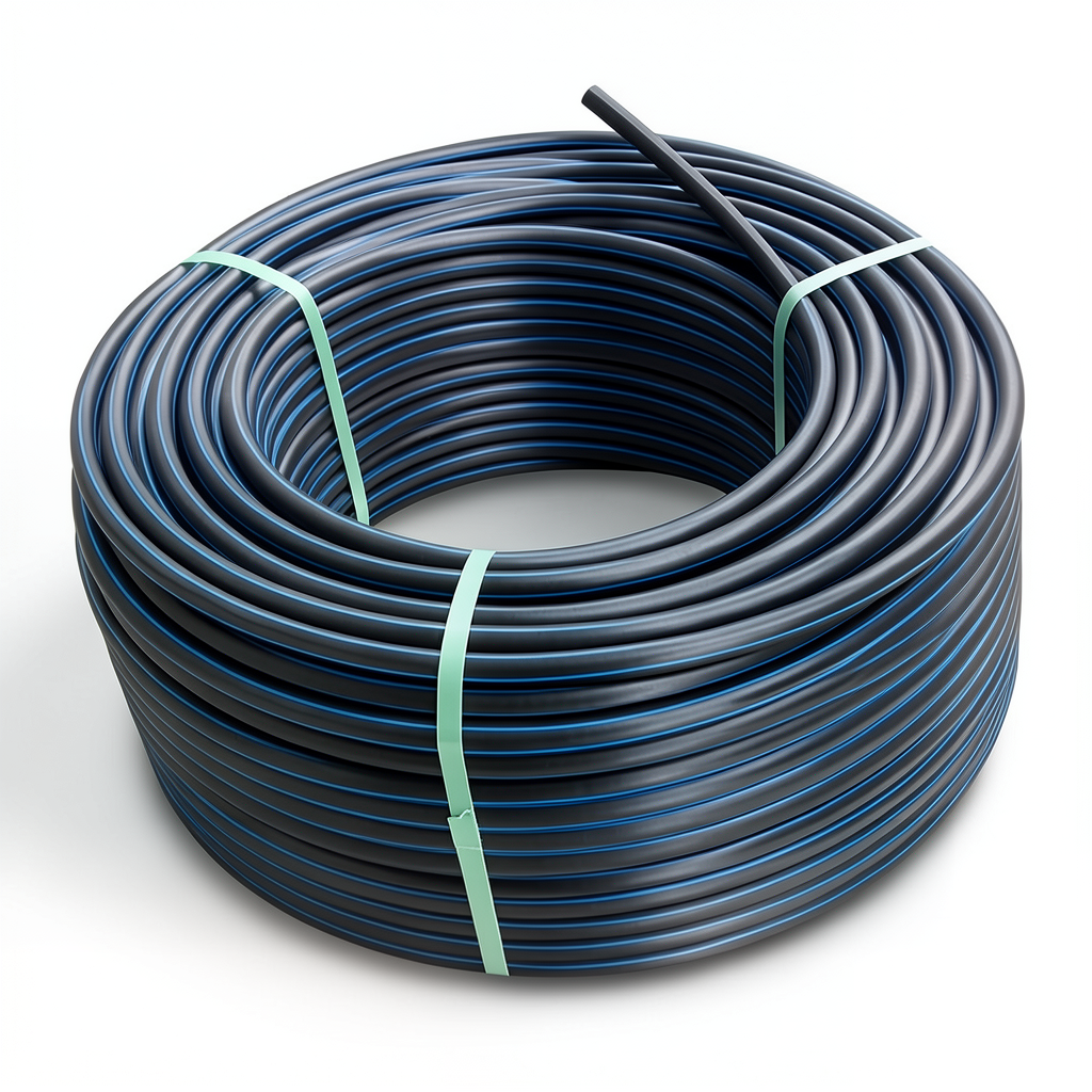 HDPE Plastic Coil Pipe PN 10 Bar PE 80 OD 50 mm SDR 13.6 Black with Blue Stripes