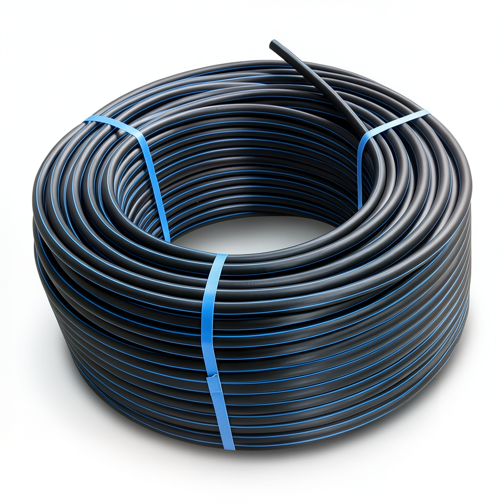 HDPE Plastic Coil Pipe PN 10 Bar PE 80, 63 mm OD, SDR 13.6, Black with Blue Stripes