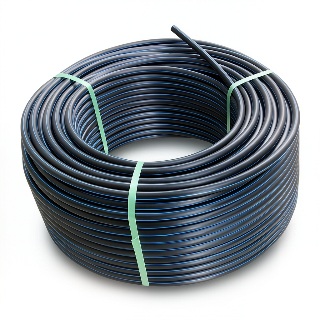 لفة أنابيب بلاستيك HDPE ضغط 10 بار PE 80 قطر خارجي 90 مم SDR 13.6 أسود مع خطوط زرقاء