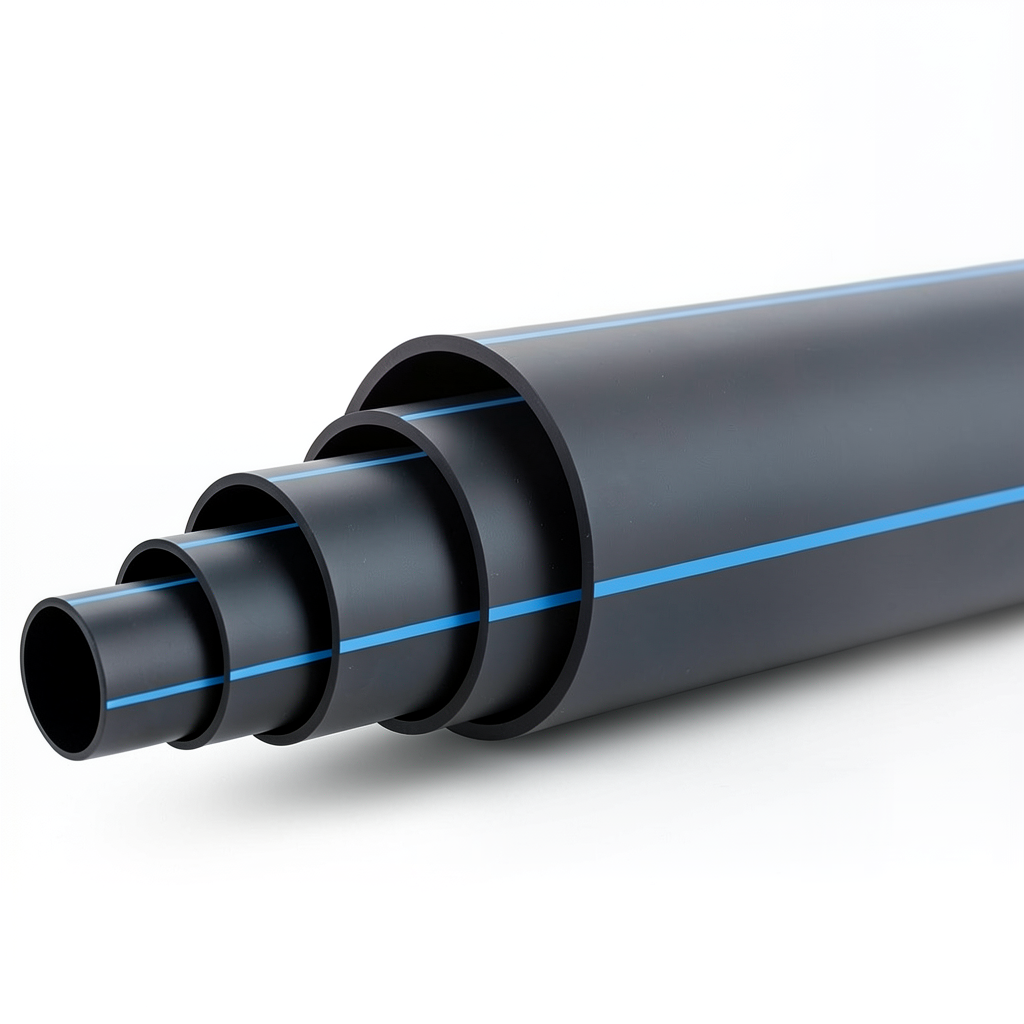 HDPE Polyethylene Pipe PN 5 Bar PE 80 630 mm SDR 26 Black Blue Stripes