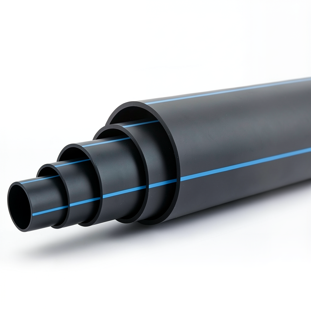 HDPE Plastic Pipe Nominal Pressure 6 Bar PE 100 OD 355 mm SDR 26 Black with Blue Stripes