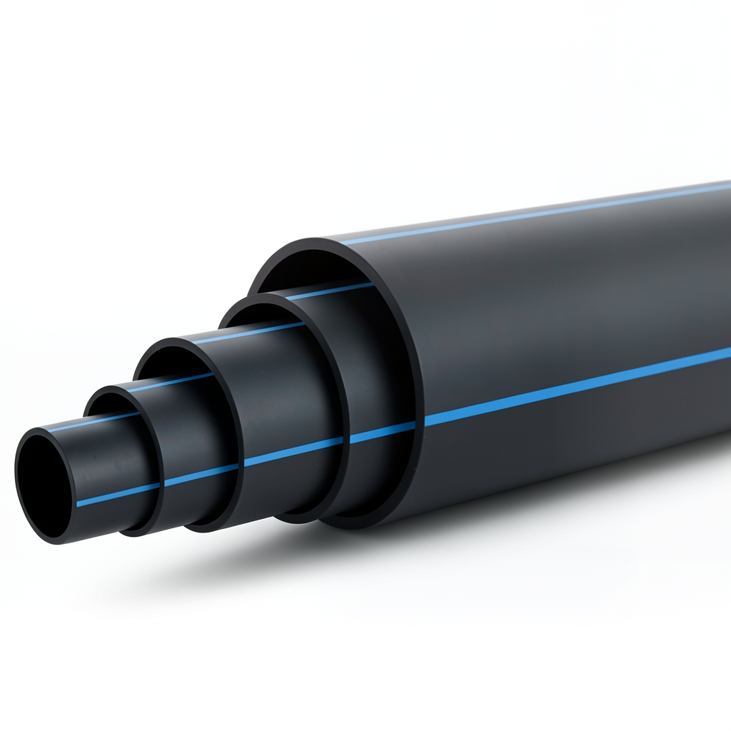 HDPE Plastic Pipe 4 Bar Pressure PE 100, 450 mm Outer Diameter SDR 41 Black with Blue Stripes