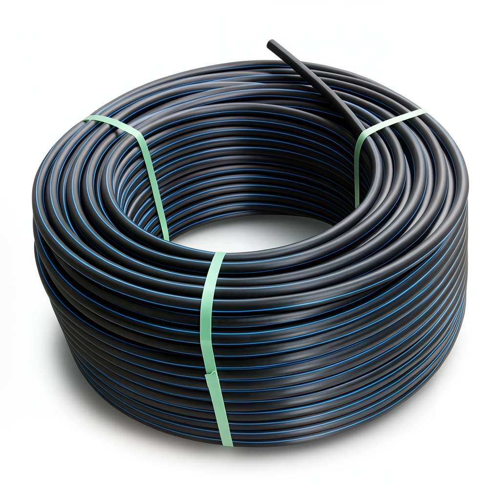 HDPE Plastic Coil Pipe Nominal Pressure 10 Bar PE 80, 25 mm SDR 13.6 Black with Blue Stripes