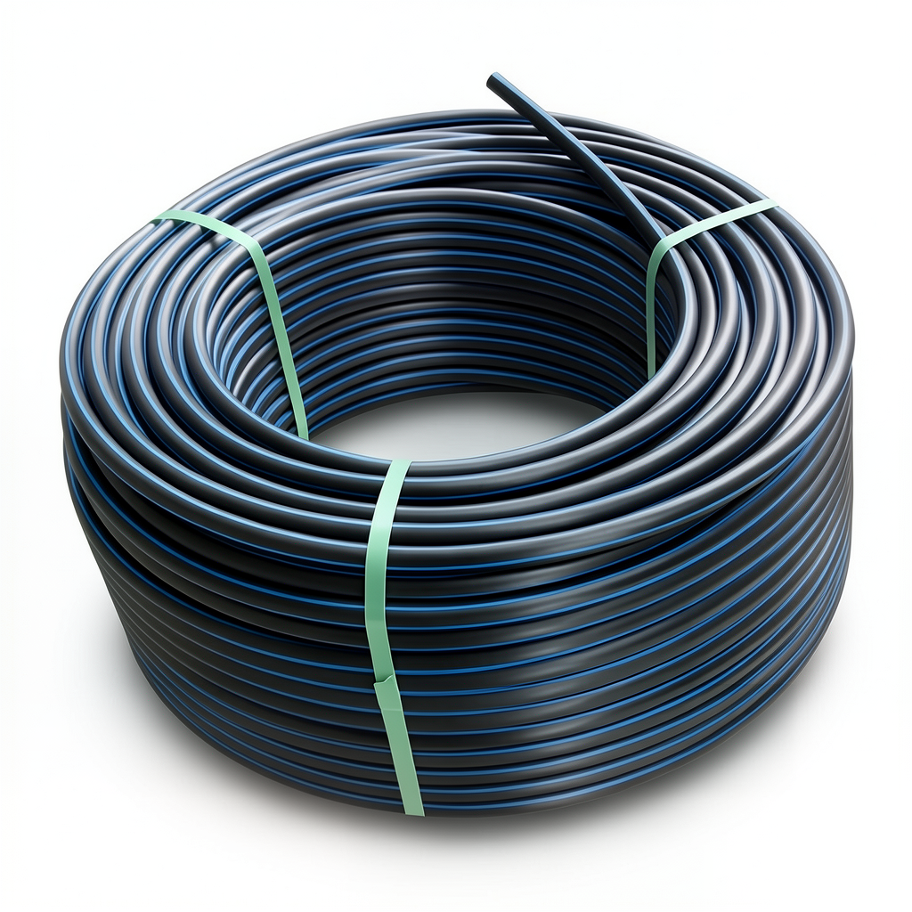 HDPE Plastic Coil Pipe PN 10 Bar PE 80, 63 mm OD, SDR 13.6, Black with Blue Stripes