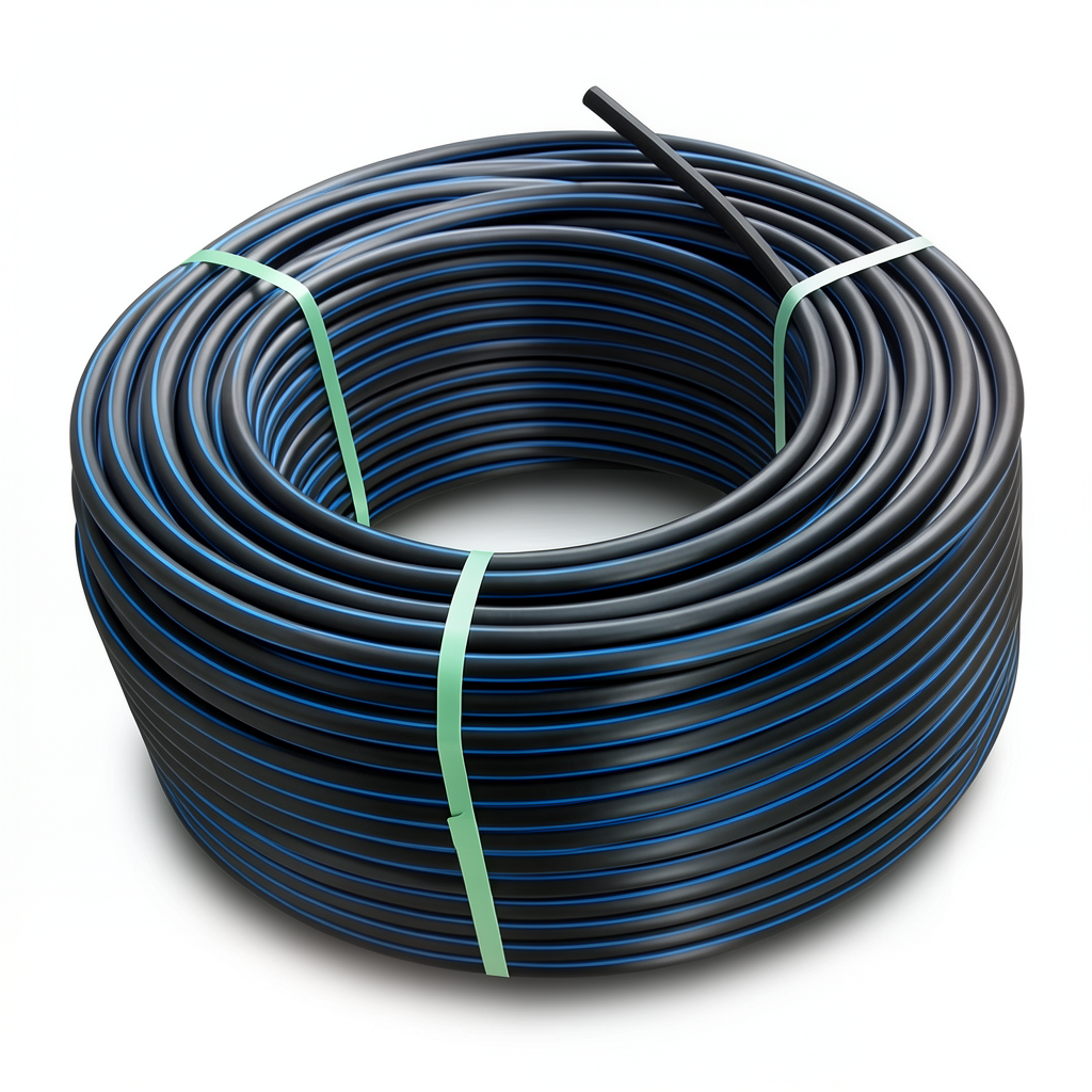 لفة أنابيب HDPE ضغط 10 بار PE80 قطر خارجي 75 مم SDR 13.6 أسود مع خطوط زرقاء