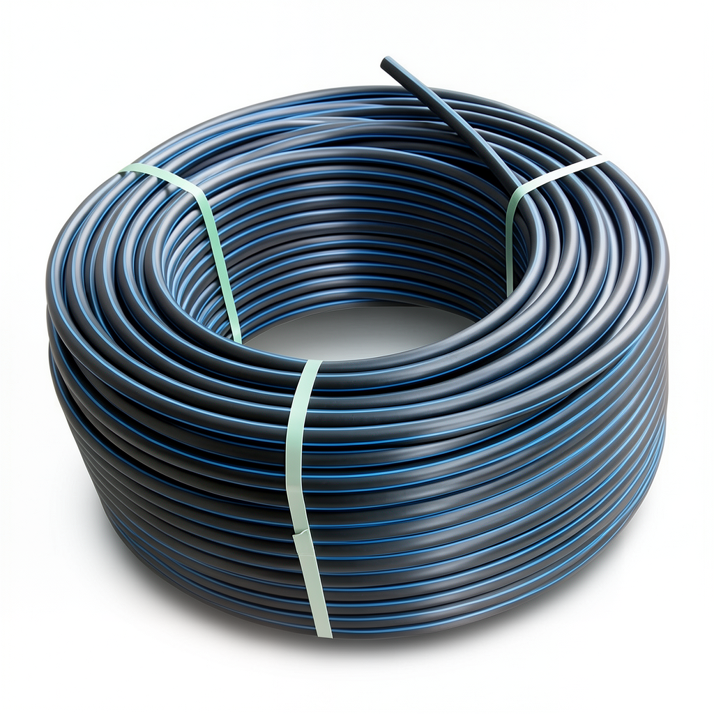 لفة أنابيب بلاستيك HDPE ضغط 10 بار PE 80 قطر خارجي 90 مم SDR 13.6 أسود مع خطوط زرقاء