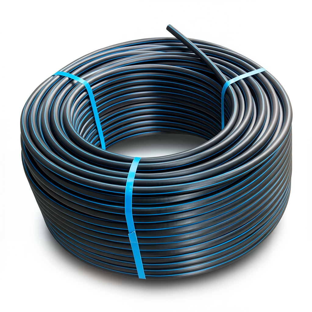 HDPE Plastic Coil Pipe Nominal Pressure 10 Bar PE 80, 125 mm SDR 13.6 Black with Blue Stripes