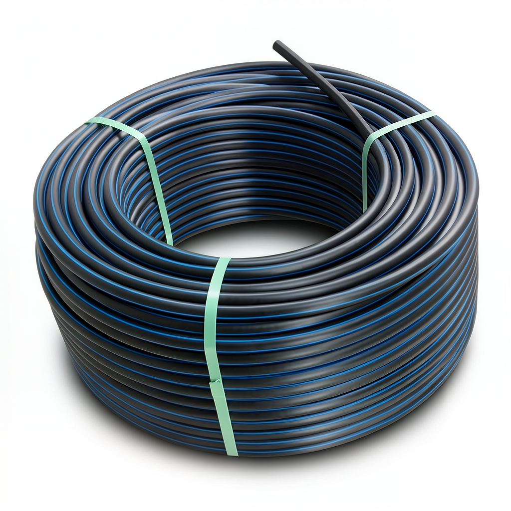 لفة أنابيب بلاستيك HDPE ضغط 10 بار PE 80 قطر خارجي 140 مم SDR 13.6 لون أسود مع خط أزرق