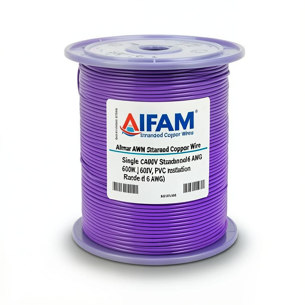 لفة سلك مفرد نحاس مجدول AWM مقاس 6 AWG، 600 فولت، عزل PVC، بنفسجي، طول 500 قدم | شركة الفنار