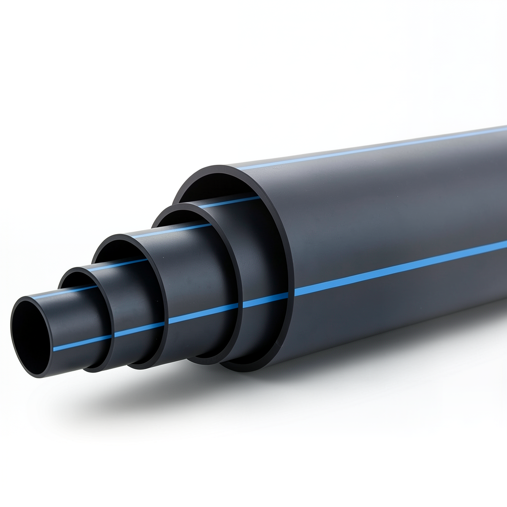 أنابيب بلاستيك HDPE ضغط 8 بار PE 80 قطر خارجي 355 مم SDR 17 أسود مع خطوط زرقاء