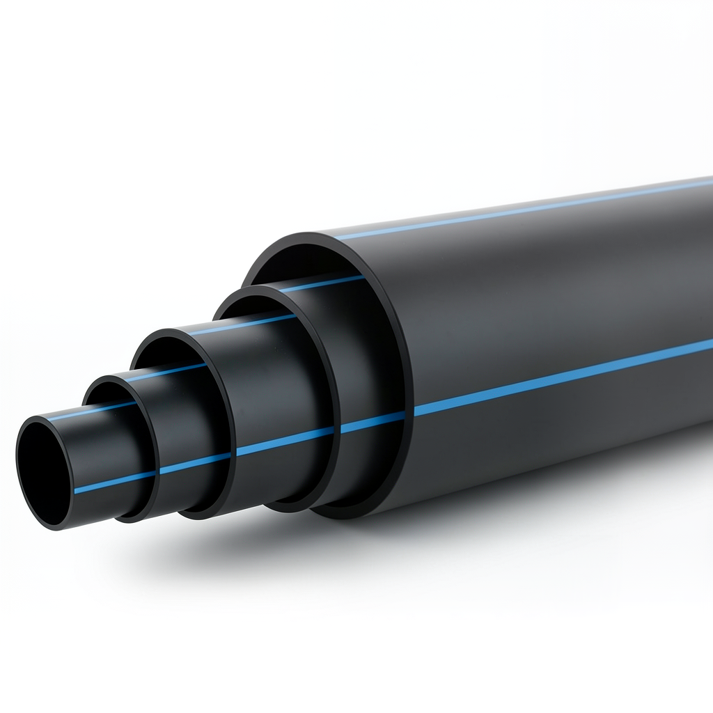 HDPE Pipe 10 Bar Working Pressure PE 100 Outer Diameter 450 mm SDR 17 Black with Blue Stripes