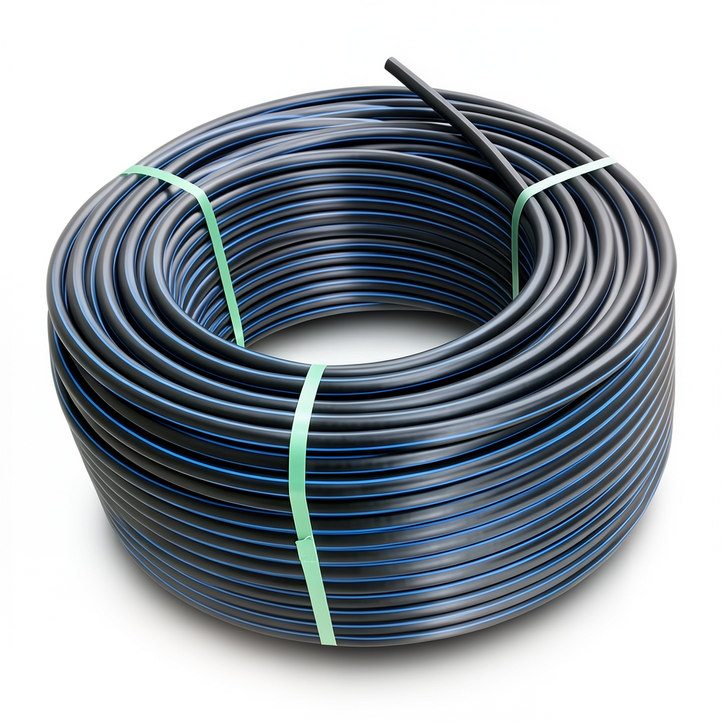 لفة أنابيب بلاستيك HDPE ضغط 10 بار PE 80 قطر خارجي 140 مم SDR 13.6 لون أسود مع خط أزرق
