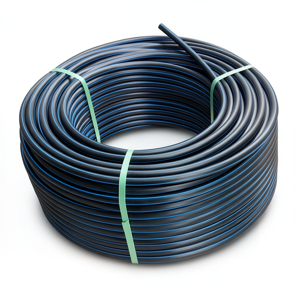 لفة أنابيب HDPE ضغط 12.5 بار PE 80 قطر خارجي 20 مم SDR 11 أسود مع خط أزرق