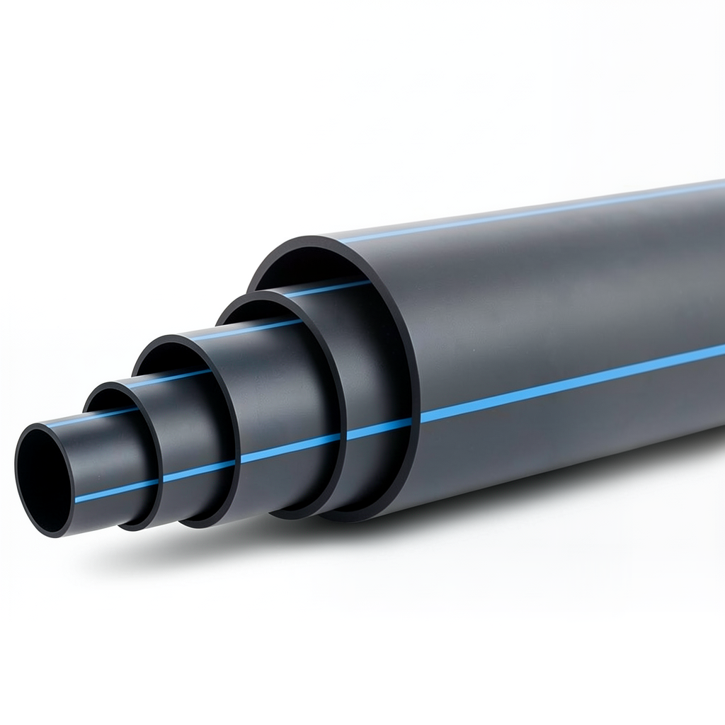 مواسير HDPE ضغط 8 بار PE 80 قطر خارجي 500 مم SDR 17 لون أسود مع خط أزرق