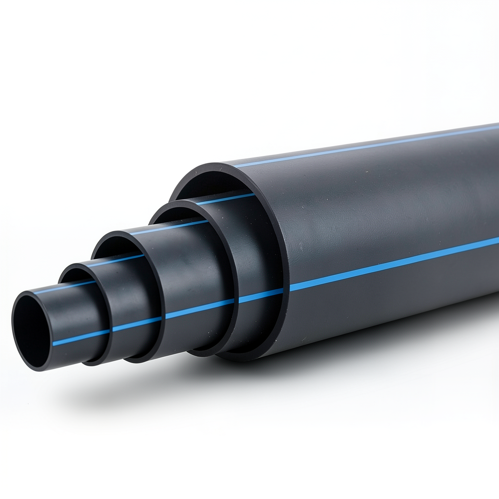 HDPE Polyethylene Pipe PN 10 Bar PE 80 OD 180 mm SDR 13.6 Black with Blue Stripes