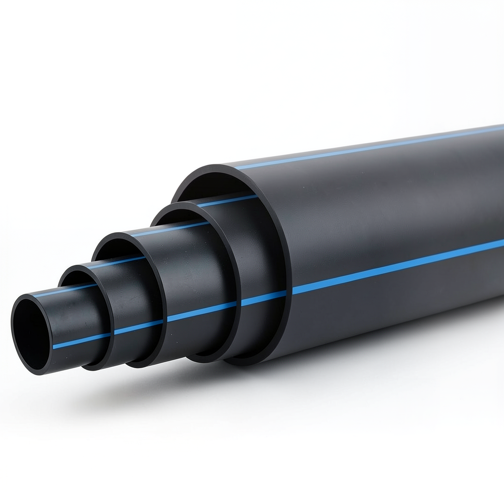 HDPE Plastic Pipe PN 8 Bar PE 80 OD 355 mm SDR 17 Black with Blue Stripes