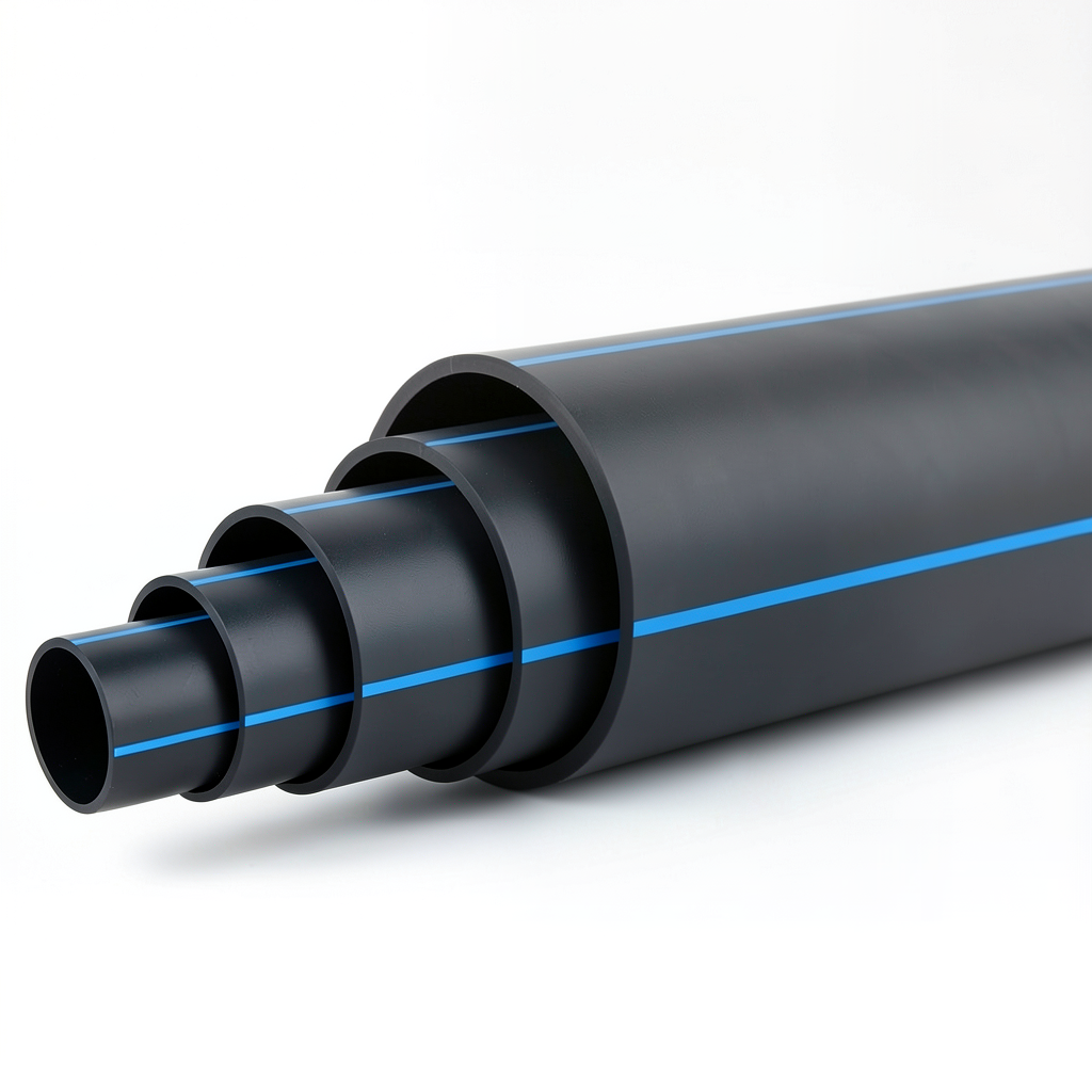 أنابيب HDPE ضغط اسمي 12.5 بار PE 100 قطر خارجي 200 مم SDR 13.6 أسود مع خط أزرق