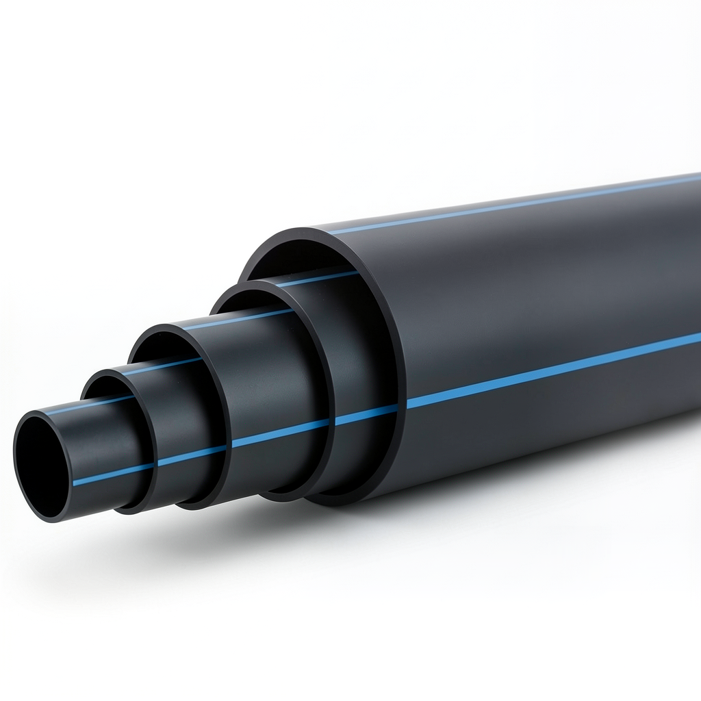 مواسير بلاستيك HDPE ضغط 12.5 بار PE 100 قطر خارجي 225 مم SDR 13.6 أسود مع خطوط زرقاء