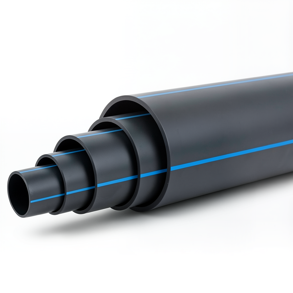 مواسير HDPE ضغط 8 بار PE 80 قطر خارجي 450 مم SDR 17 لون اسود مع خط ازرق