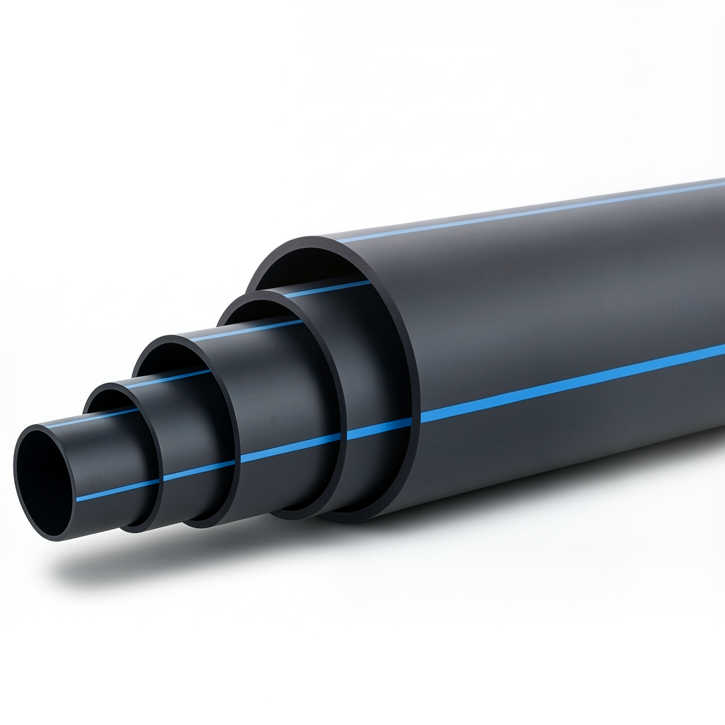 HDPE Polyethylene Pipe PN 10 Bar PE 80 OD 630 mm SDR 13.6 Black with Blue Stripes