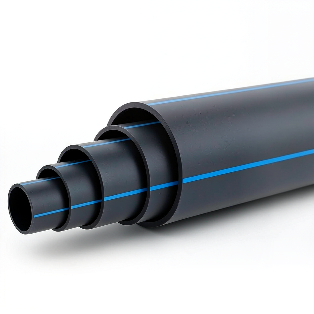 أنابيب بلاستيك HDPE ضغط 10 بار PE 80 قطر خارجي 450 مم SDR 13.6 أسود مع خط أزرق