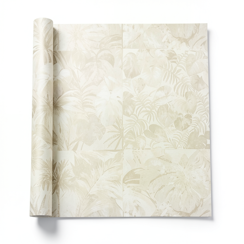 Italian Wallpaper Leaf-Patterned Design 10m x 1.06m, Cream Color