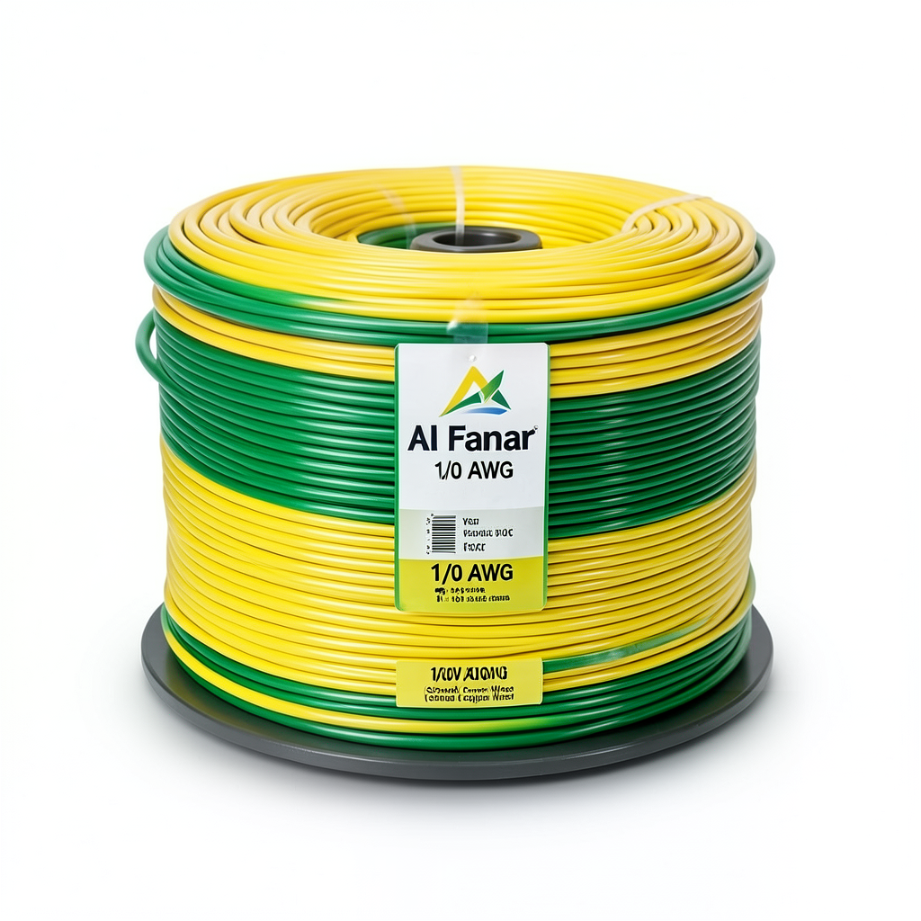 لفة سلك كهرباء 1/0 AWG نحاس مجدول 600 فولت معزول PVC اصفر/اخضر 2500 قدم | شركة الفنار