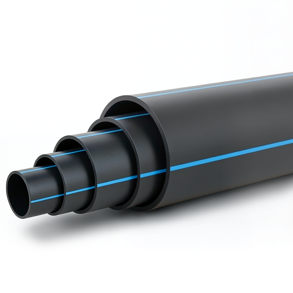HDPE Plastic Pipe PN 12.5 Bar PE 80, 250 mm Diameter SDR 11 Black with Blue Stripes