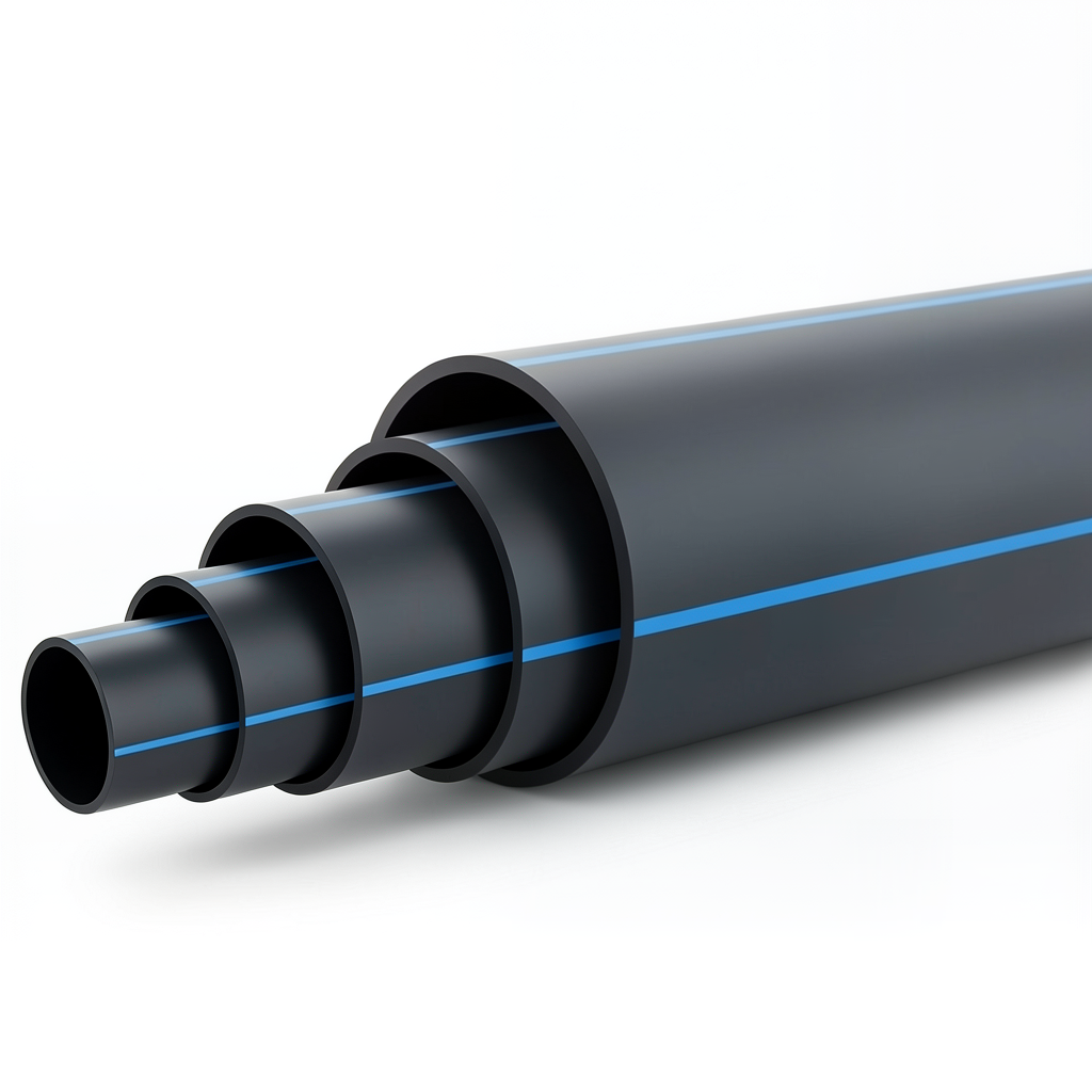HDPE Plastic Pipe Nominal Pressure 12.5 Bar PE 100 Outside Diameter 500 mm SDR 13.6 Black with Blue Stripes