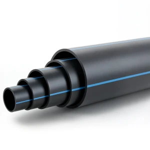 HDPE Plastic Pipe 12.5 Bar Pressure PE 100, 560 mm Diameter SDR 13.6 Black with Blue Stripes