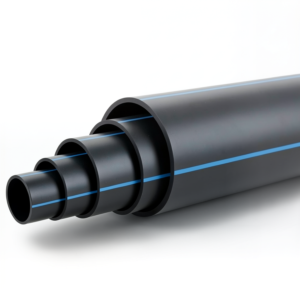 أنابيب بلاستيك HDPE ضغط 12.5 بار PE 100، قطر خارجي 560 مم SDR 13.6 أسود مع خط أزرق