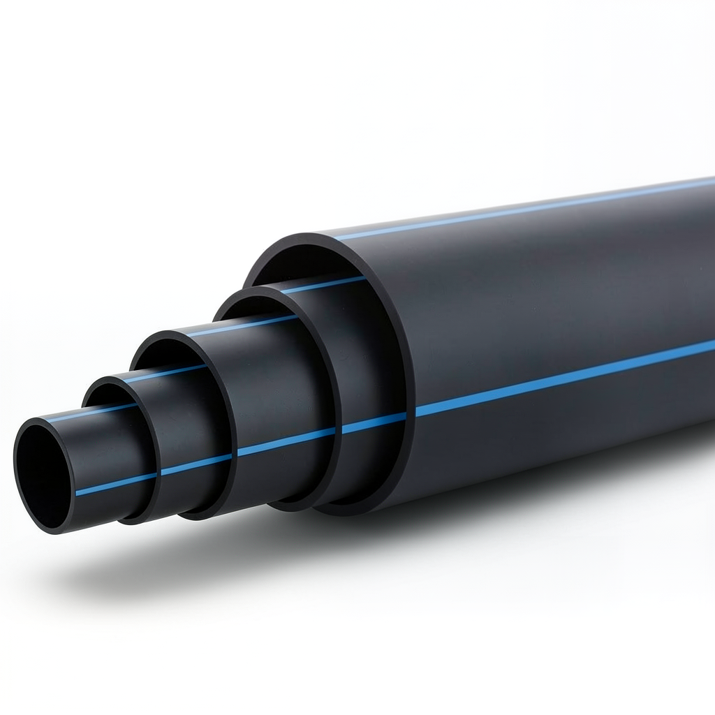 أنابيب HDPE ضغط 16 بار PE 100 قطر خارجي 225 مم SDR 11 أسود مع خط أزرق