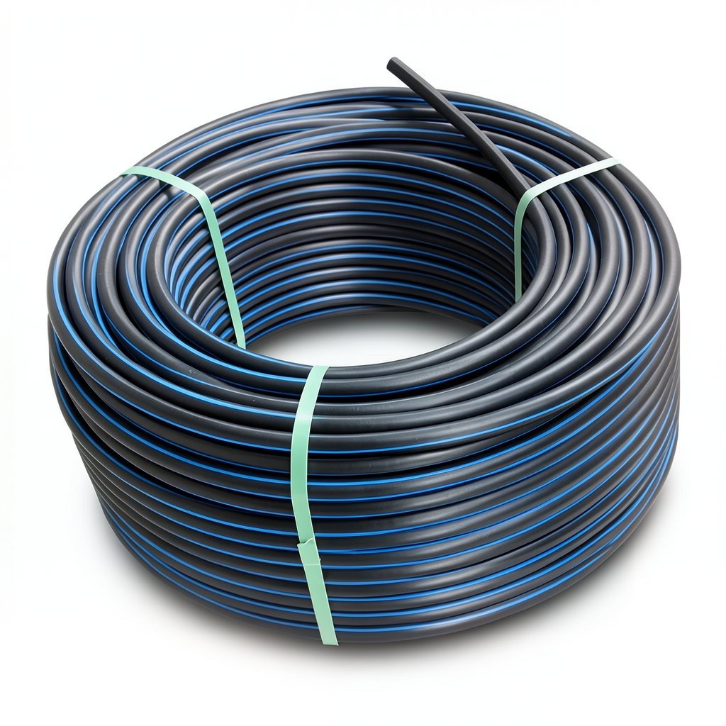 لفة أنابيب بلاستيك HDPE ضغط 12.5 بار PE 80، قطر خارجي 90 مم SDR 11، أسود مع خطوط زرقاء