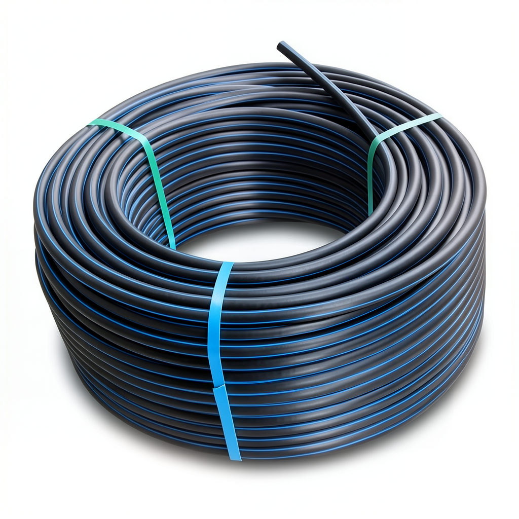 HDPE Plastic Coil Pipe PN 12.5 Bar PE 80 OD 110 mm SDR 11 Black with Blue Stripes
