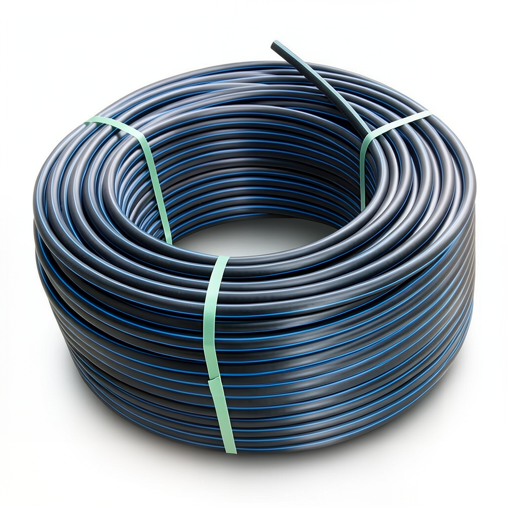 لفة أنابيب HDPE ضغط 12.5 بار PE 80، قطر خارجي 125 مم SDR 11 أسود مع خط أزرق