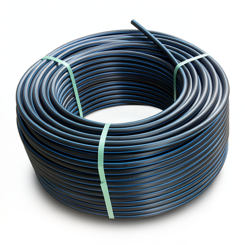 لفة أنابيب HDPE ضغط 12.5 بار PE 80 قطر خارجي 140 مم SDR 11 أسود مع خط أزرق