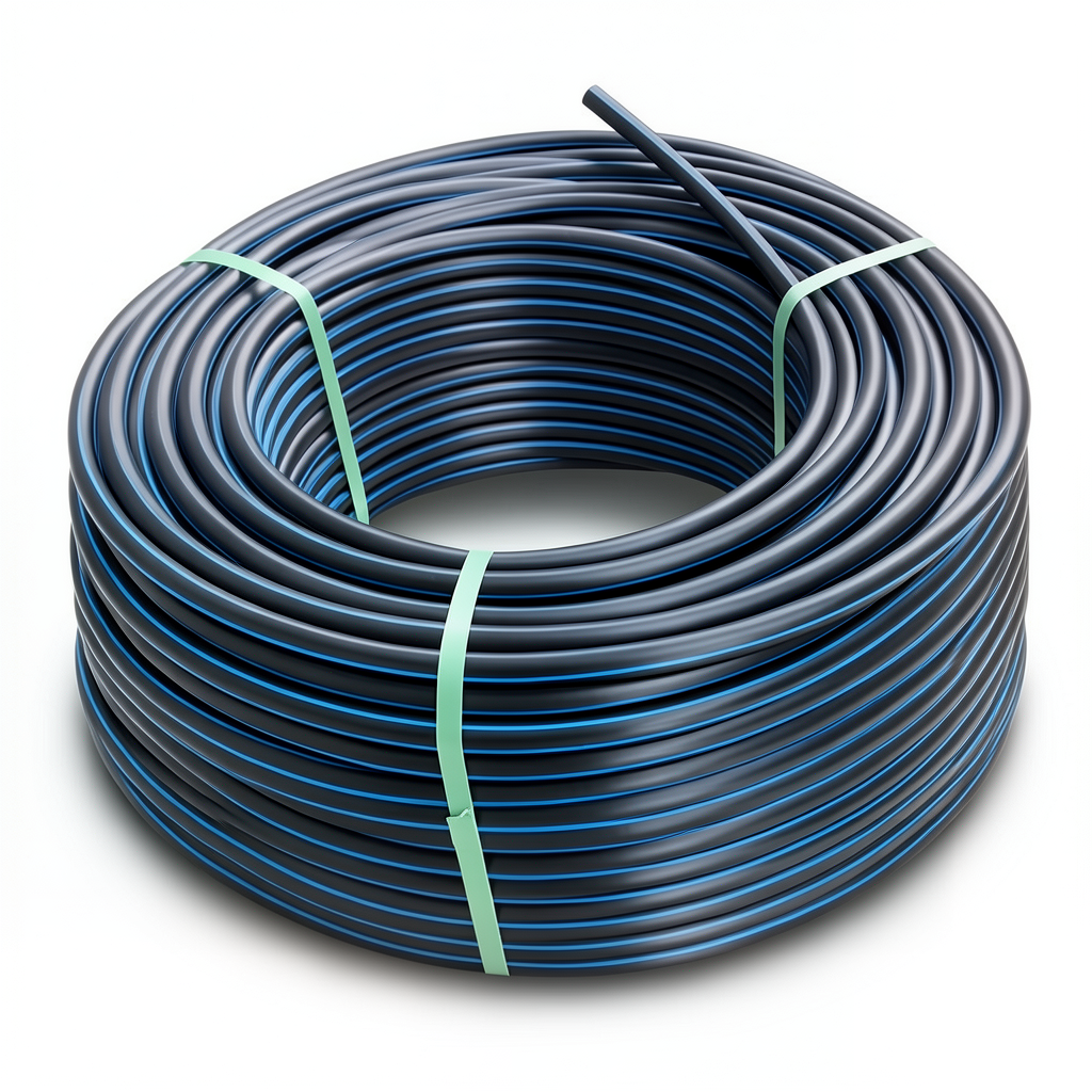 لفة أنابيب بلاستيك HDPE ضغط 16 بار PE 80، قطر خارجي 16 مم SDR 9 أسود مع خط أزرق