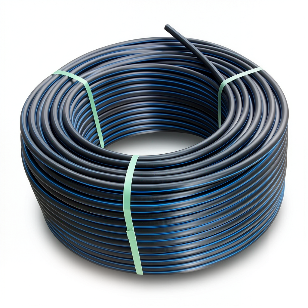 لفة أنابيب HDPE ضغط 12.5 بار [PE 80] قطر خارجي 63 مم SDR 11 لون أسود مع خط أزرق