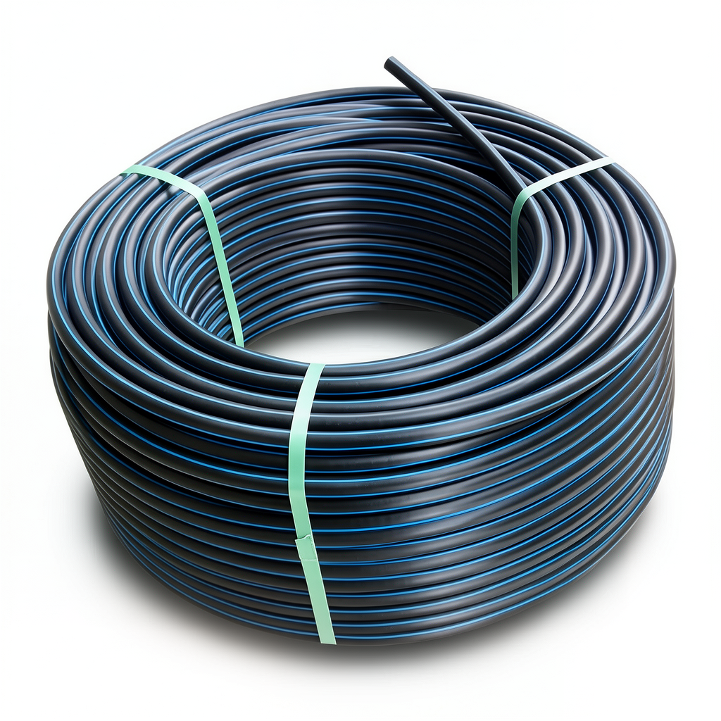 لفة أنابيب بلاستيك HDPE ضغط 12.5 بار PE 80، قطر خارجي 90 مم SDR 11، أسود مع خطوط زرقاء