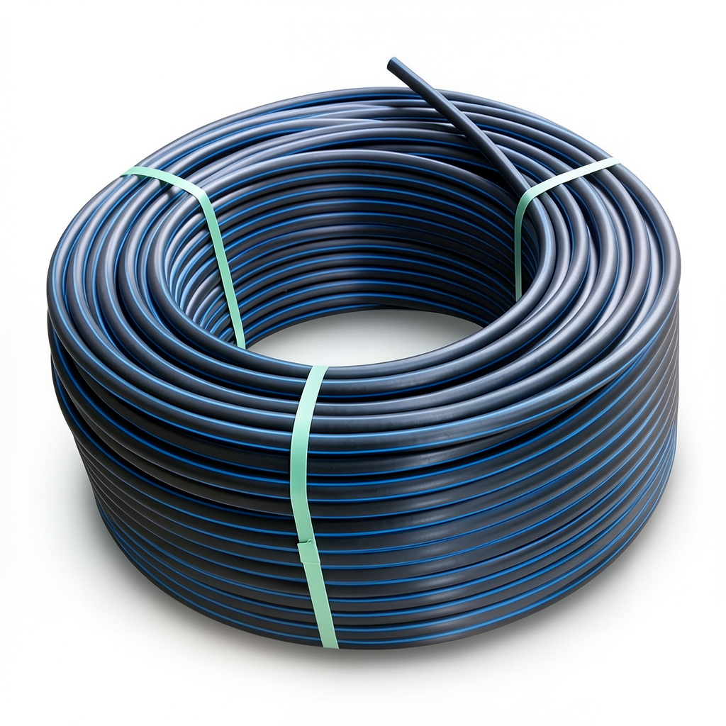 لفة أنابيب HDPE ضغط 12.5 بار PE 80 قطر خارجي 110 مم SDR 11 أسود مع خطوط زرقاء