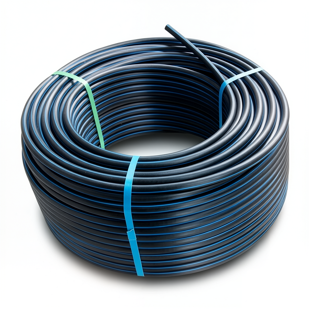 لفة أنابيب بلاستيك HDPE ضغط 16 بار PE 80، قطر خارجي 16 مم SDR 9 أسود مع خط أزرق