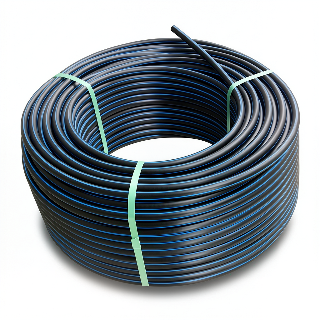 لفة أنابيب HDPE ضغط 16 بار PE 80، قطر خارجي 25 مم SDR 9 أسود مع خط أزرق