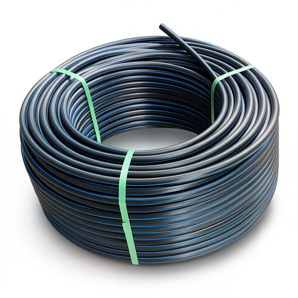 لفة أنابيب HDPE ضغط 16 بار PE 80، قطر خارجي 50 مم SDR 9 أسود مع خطوط زرقاء
