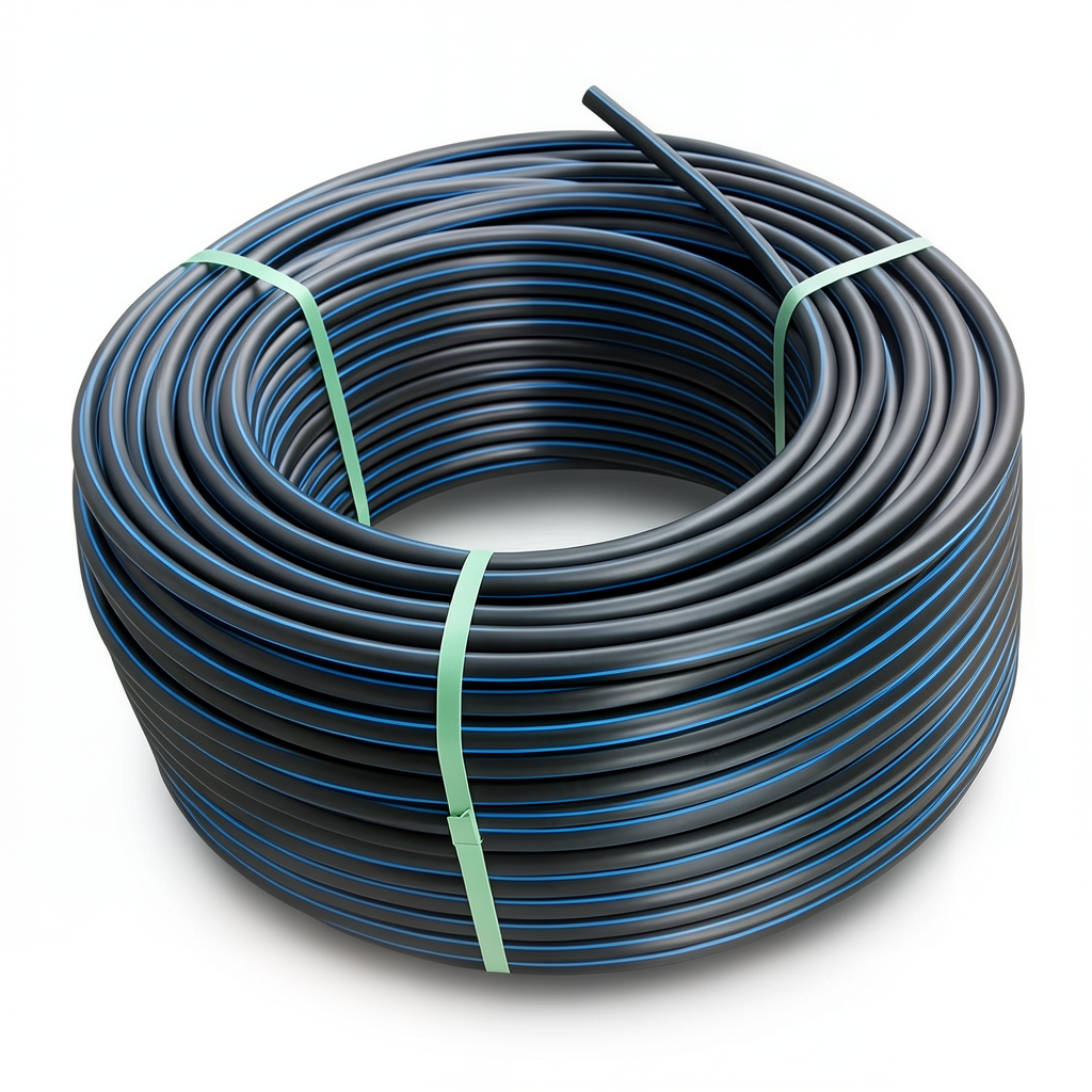 لفة أنابيب HDPE ضغط 16 بار PE 80 قطر خارجي 63 مم SDR 9 أسود مع خط أزرق
