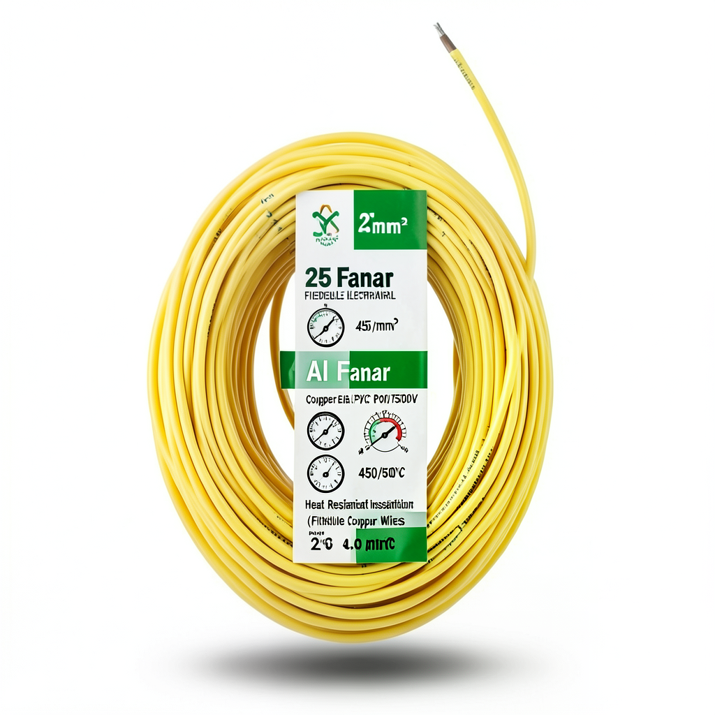 سلك كهرباء 25 ملي اصفر/اخضر مرن 450/750 فولت، موصل نحاس، عزل PVC مقاوم للحرارة | شركة الفنار